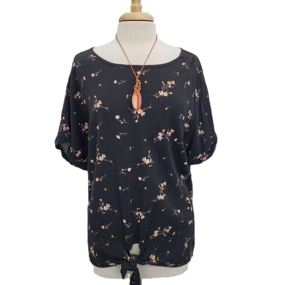 Buffalo David Bitton Womens XXL Black Floral Tie Front Top Short Sleeve Boho - Picture 2 of 14